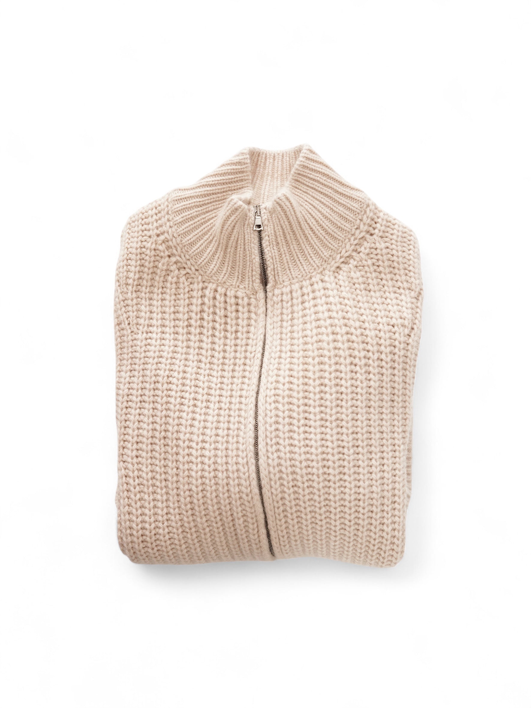 Sandfarbene, grob gestrickte Strickjacke aus Wolle und Cashmere